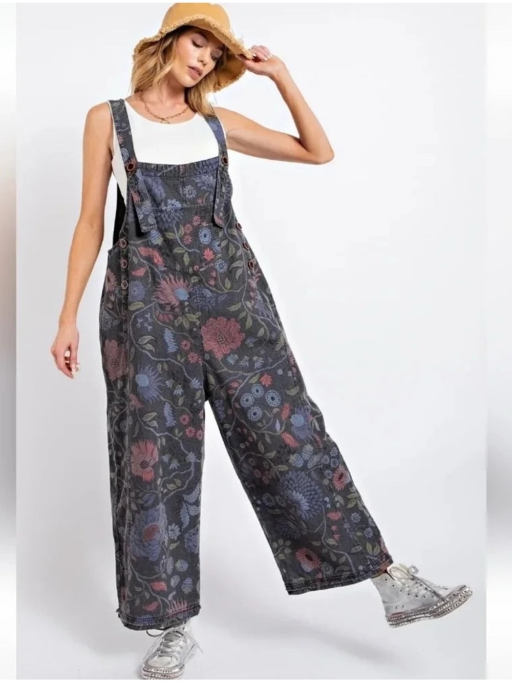 New: Easel Black Vintage Washed Floral Cropped Wide Leg Jumper Overalls• Small